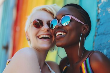 Two women wearing sunglasses and smiling at the camera. One is blonde and the other is black. They are both wearing colorful clothing