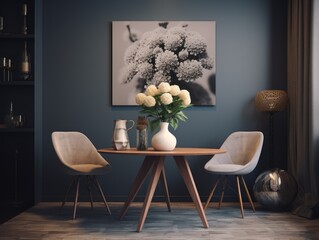A modern living room with a black and white floral painting on the wall and a table with two white chairs