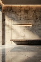 A large, empty room with a bench and a light fixture. The room is bare and empty, with no furniture or decorations. The light fixture is hanging from the ceiling