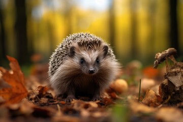 Fototapeta premium A small hedgehog is standing on a pile of leaves. The leaves are orange and brown, and the hedgehog is looking up at the camera. The scene has a peaceful and natural feel