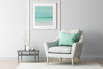 A serene aqua accent chair on a soft grey rug, framed by pristine white shelves displaying chic decorative pieces, a blank white frame mockup adorning the wall.