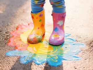A child is standing in a puddle of paint with two colorful rain boots on. The child's boots are painted with different colors, and the puddle is also colorful. Concept of fun and playfulness