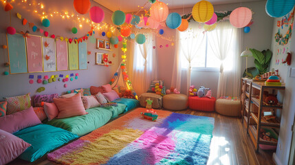 Social room decorated for a baby's birthday party 
