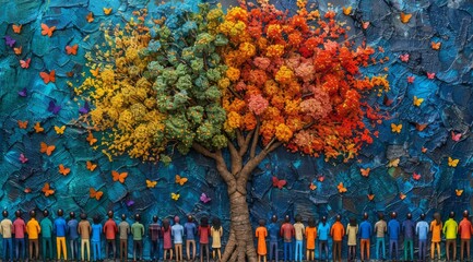 A colorful tree with people gathered around it