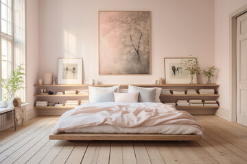 A serene bedroom adorned with a Scandinavian-style platform bed, crisp white linens, and soft blush-colored walls, radiating a serene and inviting feel.