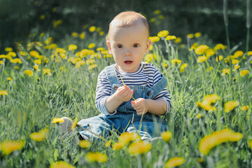 baby girl 1 year old in a flowering meadow, motherhood and childhood