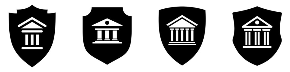 Shield icon with bank building symbol. Vector illustration. Security shield protection. Money security concept.