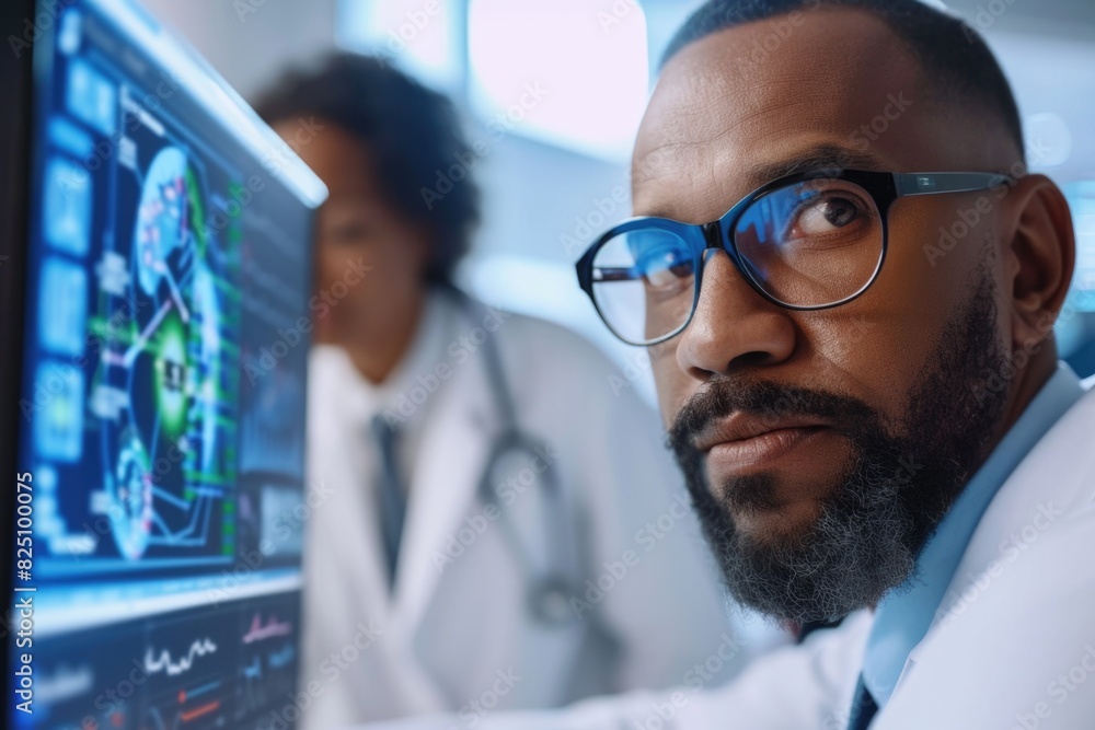 Poster a man wearing glasses is looking at a computer monitor displaying a medical image. he is focused and