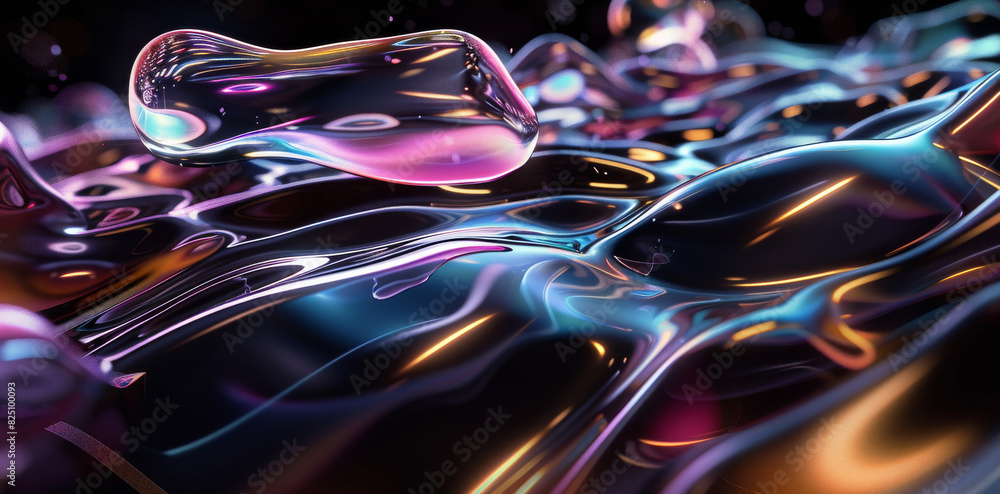 Poster floating crazy like water random minimal 3d shapes in minimal colors and technical textures glow in 