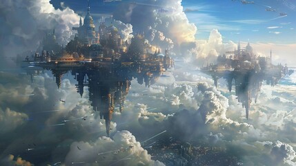 a futuristic city floating above the clouds.
