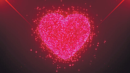 Valentine's day and love animation, glowing particles, rays, Valentine and marriage concept, dark red gradient background. Happy Valentine's Day background heart. 3d Vector