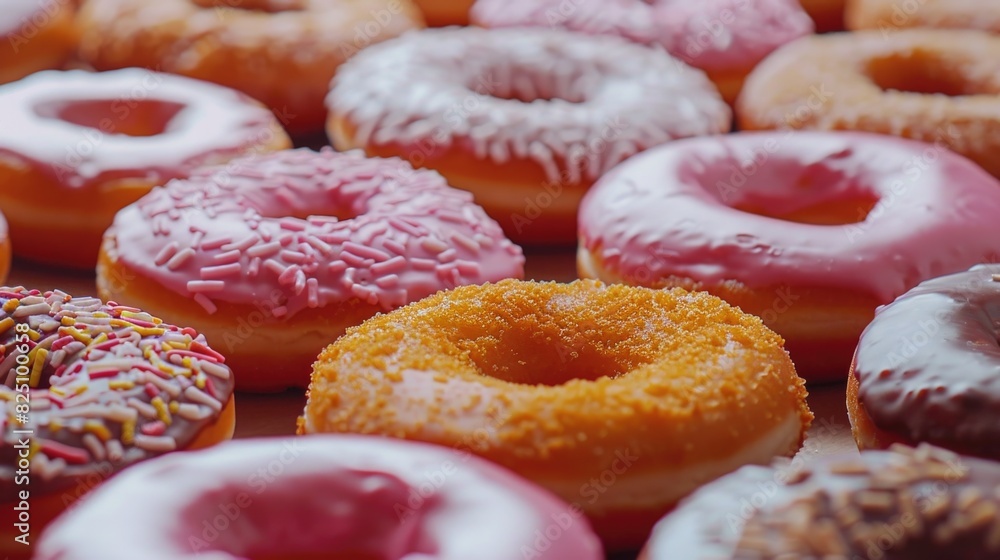 Aufkleber a row of donuts with different colors and sprinkles. concept of variety and abundance, as there are 