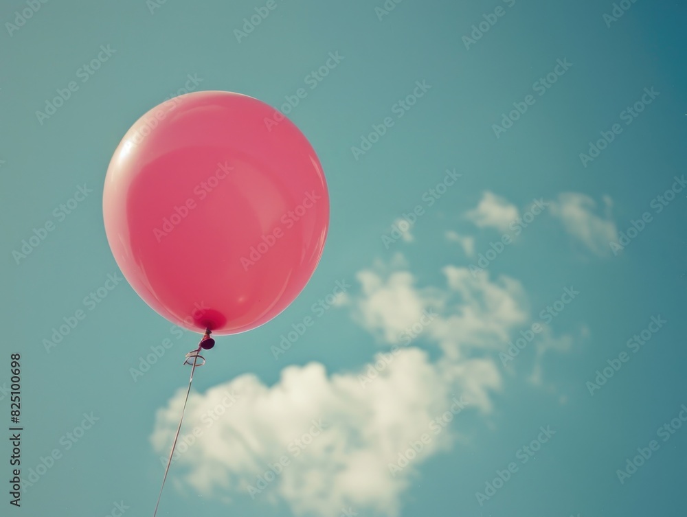 Poster a red balloon is floating in the sky above a blue sky. the balloon is the only object in the image, 