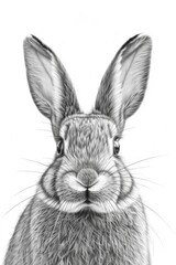 A rabbit is staring at the camera with its ears perked up. The image has a simple and straightforward concept, with the rabbit being the main focus