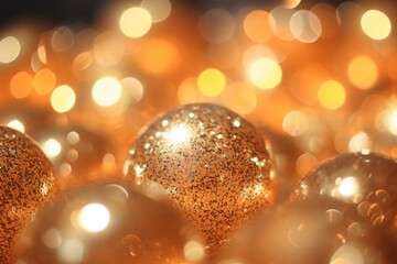 A bunch of gold colored balls with a lot of sparkles on them. The balls are scattered around and some are closer to the camera while others are further away. Scene is festive and celebratory