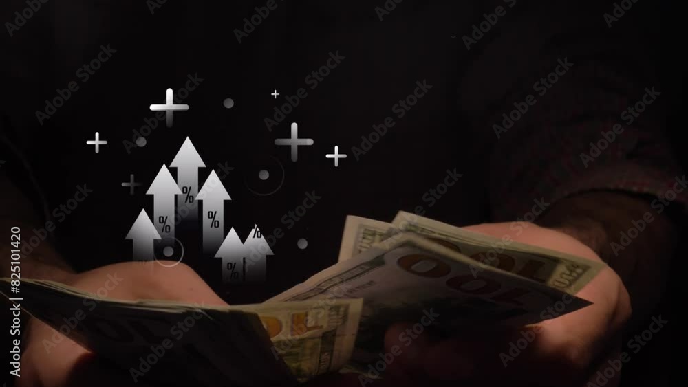 Poster cg animated arrows move upward on them with percent signs on a background of pluses against the back
