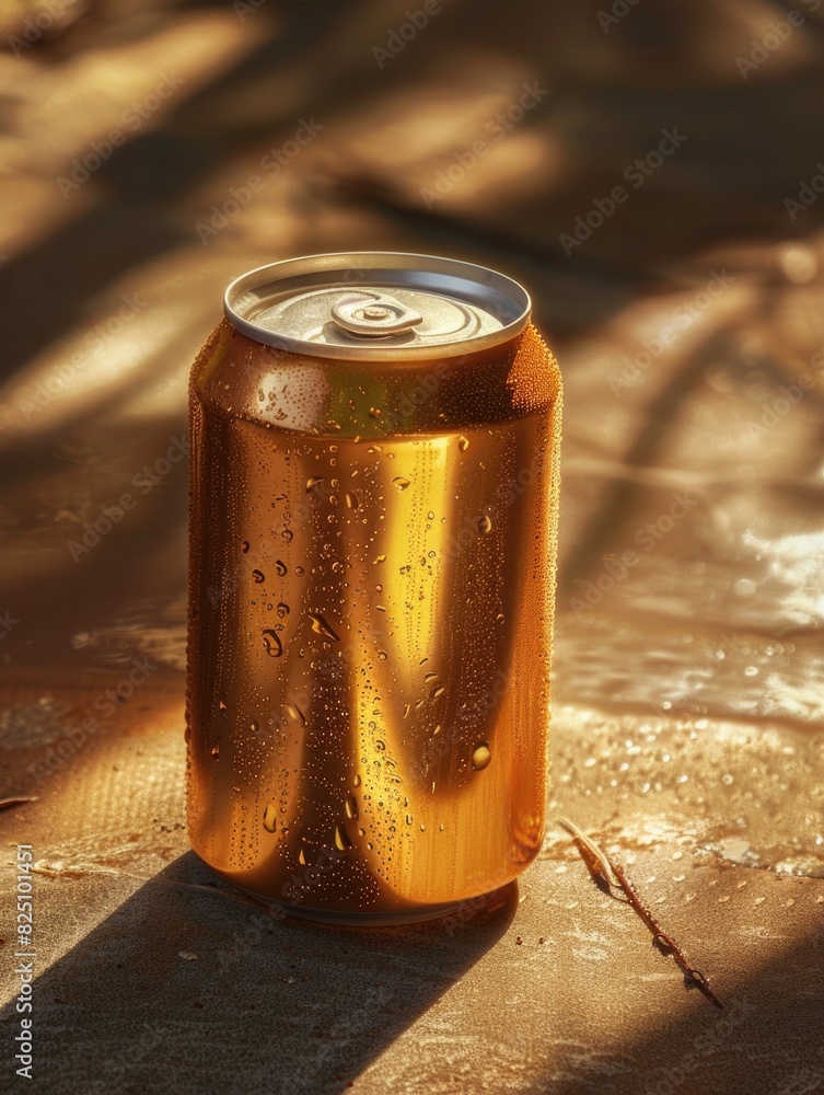 Poster a can of beer is sitting on a table with condensation on the outside. the condensation are dripping 