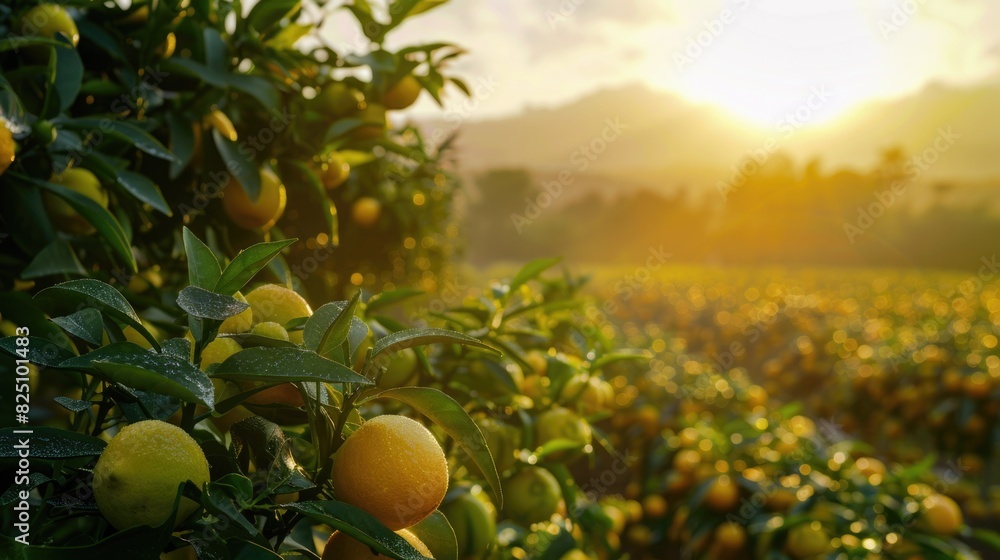 Aufkleber a field of citrus trees with a bright orange sun in the background. the sun is shining on the trees 