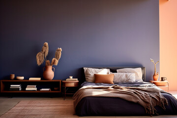 A serene bedroom boasting a muted lavender wall, a minimalist navy-blue couch, and touches of terracotta, creating a tranquil ambiance.