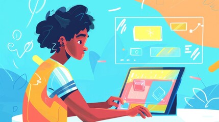 A student character in a 2D flat style illustration, playing an educational game on a tablet. The background is minimal, focusing on the modern educational technology.