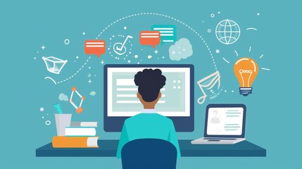 A 2D flat style illustration of a student character participating in a virtual classroom quiz. The background includes a computer screen with quiz elements, highlighting the online learning