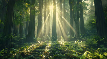 Mystical Morning in a Serene Forest: Nature's Tranquility Illuminated by Golden Sun Rays