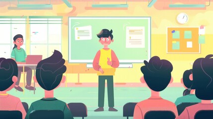 A student character in a 2D flat style illustration, presenting a project in front of the class. The background is minimal, with just a presentation board and a few classmates.