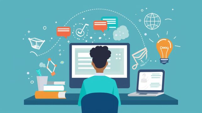 A 2D flat style illustration of a student character participating in a virtual classroom quiz. The background includes a computer screen with quiz elements, highlighting the online learning