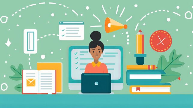 A 2D flat style illustration of a student character participating in a virtual classroom quiz. The background includes a computer screen with quiz elements, highlighting the online learning