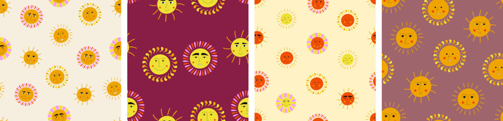 Four seamless patterns bundle, glad suns. Continuous background, cute vector sun, stylish repeating design.