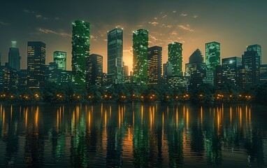 Fototapeta premium A city skyline with a large body of water in the background