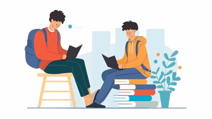 A 2D flat style illustration of a student character studying for a test with a stack of books. The background is simple, focusing on the academic preparation theme.