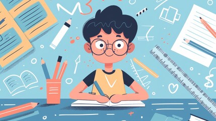 A 2D flat style illustration of a student character writing in a notebook, with a background that includes simple educational tools like a ruler and pencils.
