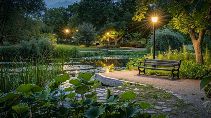 Obraz premium Tranquil Evening in Park with Bench and Lush Greenery