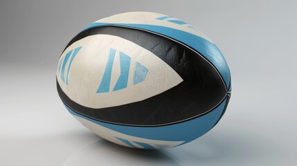 A rugby ball with blue and white stripes