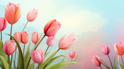 A field of pink tulips with a blue sky in the background. The flowers are in full bloom and the sky is clear