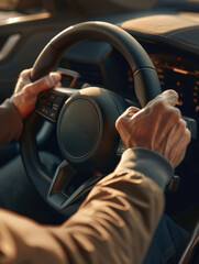 A man is driving a car and is holding the steering wheel. The car is black and the man is wearing a brown jacket