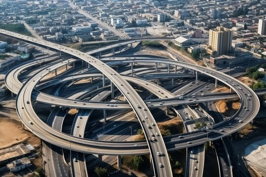Aerial view of multilevel highway junction ring road with busy traffic on interchange