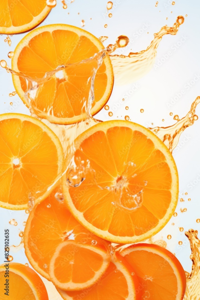 Poster a close up of several oranges with water splashing around them. the oranges are sliced and arranged 