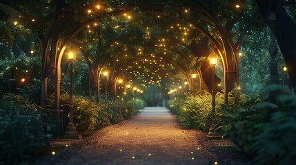 Magical Forest Pathway Illuminated by Twinkling Fairy Lights at Night