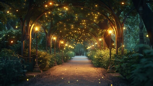 Magical Forest Pathway Illuminated by Twinkling Fairy Lights at Night