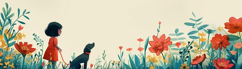 Child playing with a dog near garden flowers realistic