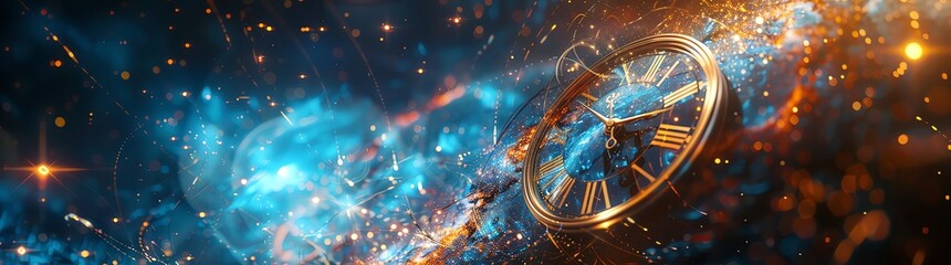 Abstract background with concepts of time and space, a clock on the right side of the screen with light streaks flying around it, motion blur, energy waves, a universe and galaxy in a dark sky blue co