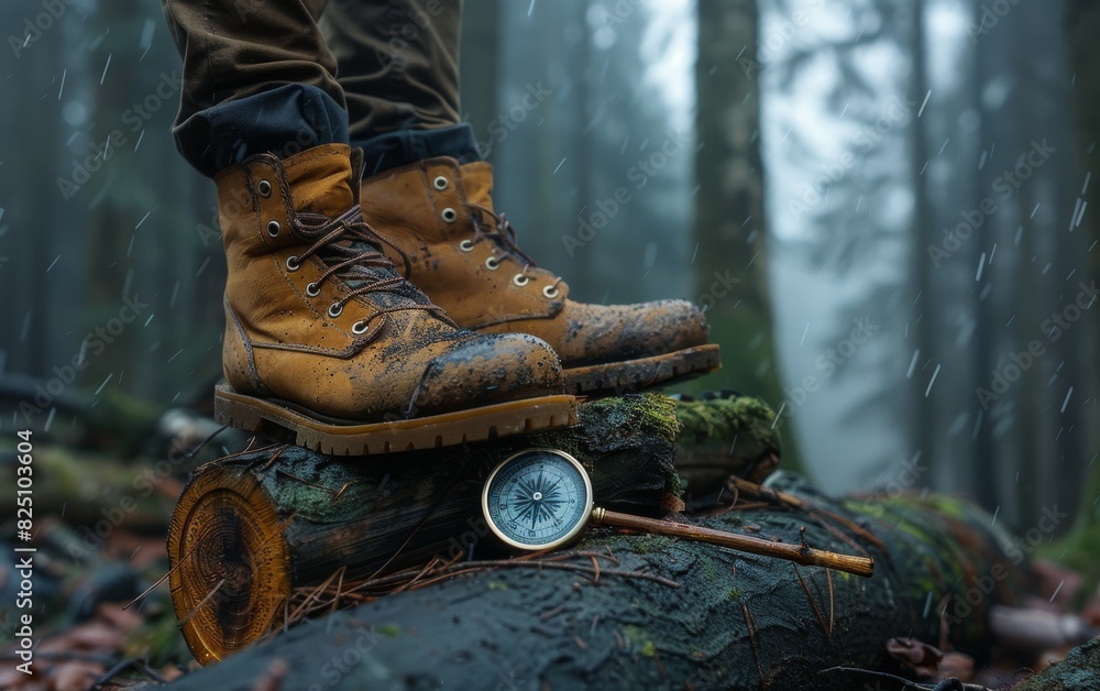 Wall mural A person is walking on a log in the woods