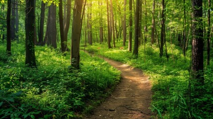 Fototapeta premium Sunlit Forest Pathway in Verdant Green Woods