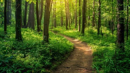 Sunlit Forest Pathway in Verdant Green Woods