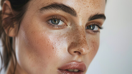 Close up portrait of a beautiful woman with freckles on her face