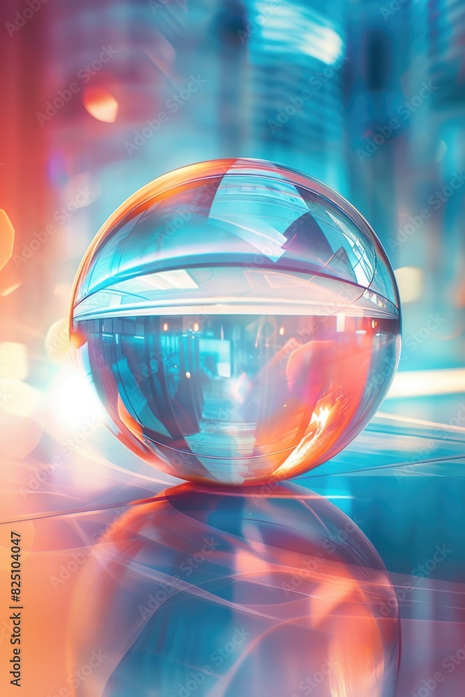 Poster a clear ball with a reflection of a city in the background. the reflection is distorted and blurry, 