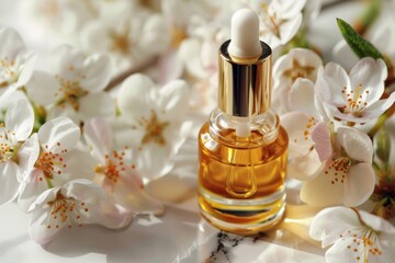 Bottle of essential oil with flowers around