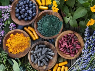 A variety of pills and herbs are displayed in wooden bowls. The herbs include blueberries, lavender, and other plants